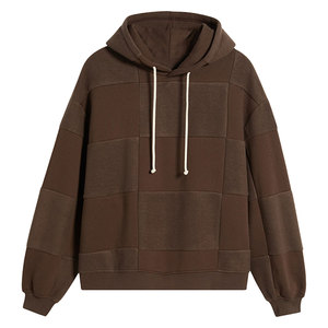 Sweat-shirt à capuche unisexe surdimensionné en coton tricoté patchwork, coupe décontractée, couleur marron, pour homme, idéal pour l'automne - Product Image 1