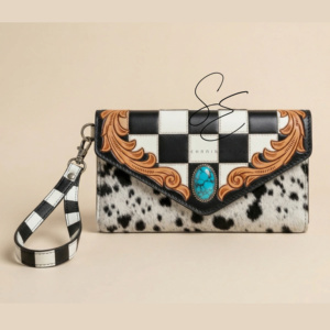 Cartera de cuero genuino con pelo de vaca estilo bohemio para mujer, diseño a cuadros vaquero con herramientas, tipo clutch con correa de muñeca y piedra turquesa - Product Image 1
