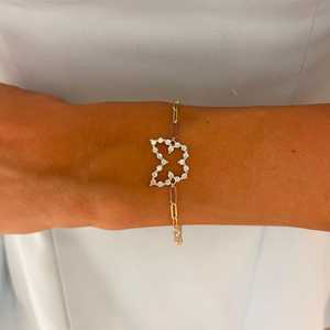 Diamond Butterfly Paperclip Chain <b>Bracelet</b> 7in Length 14K <b>Solid</b> Gold Pave Set Minimalist Stacking Wrist Everyday Wear Wholesale - Product Image 4