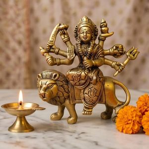 Figurine de Durga en laiton plaqué or de qualité supérieure, montée sur un lion, art religieux, objet de collection, sculpture 3D - Product Image 3
