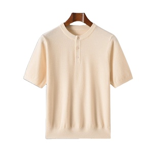 Verano nuevo 100% pura lana color sólido hombre cuello redondo botón tejido manga corta transpirable fresco Delgado camiseta coreana. - Product Image 6