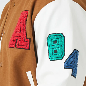 Men's Brown White With Embroidered Letter Patch Preppy Style Regular <b>Fit</b> Turn-down Collar Button Closure Varsity <b>Jacket</b> For Sale - Product Image 5