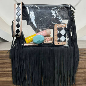 New 2025 Hand <b>Tooled</b> Checkered <b>Leather</b> PVC Clear Transparent Women's Handbag Luxury Fashion Design Zipper Crossbody Fringe Bags - Product Image 5