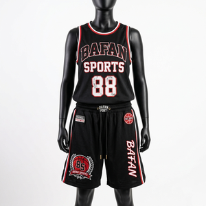 High quality 180 GSM polyester <b>mesh</b> basketball <b>set</b> jersey and shorts black red contrast panels heat transfer logo Women's <b>Sets</b> - Product Image 4