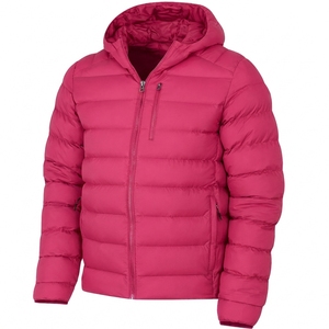 Manteau d'hiver à capuche pour homme, couleur unie, fermeture éclair, style décontracté, rose, vêtement d'extérieur ample et léger en polyester, poids du duvet 150g-200g - Product Image 1
