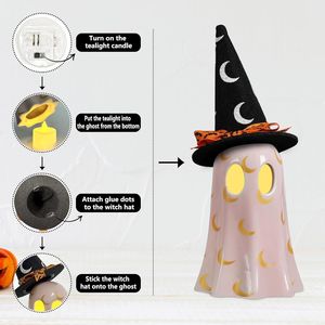 Set di 3 Simpatiche e Spaventose Statuette di Fantasmi in Ceramica per Decorazioni Interne di Halloween, con Cappelli da Strega per Mensole e Tavoli, Decorazioni per l'Ora della Strega - Product Image 2