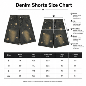 Shorts en jean Y2K pour hommes, imprimé étoiles, style streetwear vintage délavé, coupe ample, jorts décontractés à jambe large, hip-hop - Product Image 6