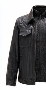 Veste en cuir marron gaufré pour homme Champ King avec doublure en satin vert, col montant et fermeture éclair - Product Image 4