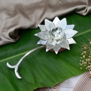 Imperial Brass Store <b>Silver</b> Plated Aluminium Akhand Diya Bell Traditional Oil <b>Lamp</b> Handmade Casting Decorative Gift Box for - Product Image 1
