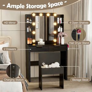 Toeletta da Trucco con Lampadine Hollywood e Stazione di Ricarica, Tavolo da Toeletta Scanalato con 2 Cassetti, 4 Ripiani Aperti e Spazio per Asciugacapelli - Product Image 3