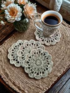 Refined Handknit Doily Crochet Coasters Cream Beige Lacy Detail Heat Proof Mats Boho Table Protection for Mug Glass Home Accent - Product Image 2