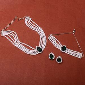 Lavie Emerald Green <b>Pearl</b> Fine <b>Jewelry</b> <b>Set</b>-Gold Plated CZ Earring <b>Set</b> for Festival & Bridal - Product Image 3