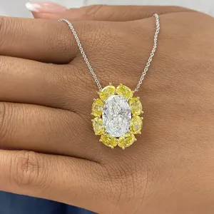 Luxury Oval Cut Diamond Halo <b>Pendant</b> Necklace with Yellow Diamond Accents in White <b>Gold</b> Elegant Statement Jewelry Gift for Women - Product Image 3