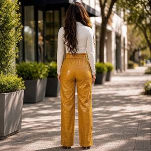 Pantalon en cuir véritable gaufré façon croco fait main pour femme, taille haute, coupe droite, bas en cuir de luxe - Product Image 2