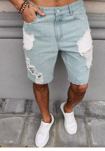 Shorts en jean déchiré bleu clair pour homme, style décontracté d'été, coupe droite ample, streetwear - Product Image 5