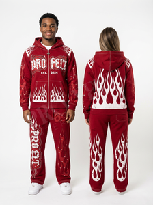 Ensemble de survêtement unisexe tendance avec sweat à capuche zippé imprimé flamme et pantalon évasé, style streetwear et sportswear - Product Image 4