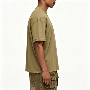 Camiseta Verde Oliva Oversize de Manga Corta para Hombre, Casual, de Algodón, Cuello Redondo, Color Liso Teñido - Product Image 3