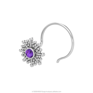 Pendiente de Nariz con Amatista Redonda en Plata de Ley 925, Estilo Indio, para Mujeres y Niñas - Product Image 2
