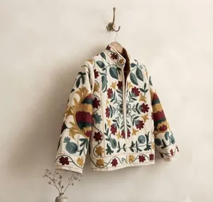 <b>Women</b> Ivory <b>Velvet</b> Suzani Embroidered <b>Jacket</b> with Floral Print Full Sleeve Stand Collar Bohemian <b>Women's</b> Autumn Outerwear - Product Image 2