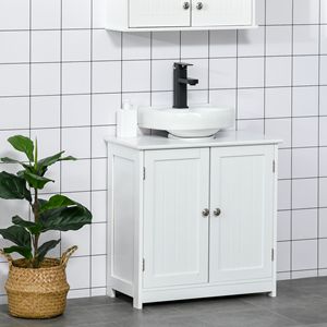 Mobile Lavabo a Colonna in Legno Massello e PVC Bianco con Intaglio a U e Ripiano Regolabile per Hotel e Centri Commerciali - Product Image 2