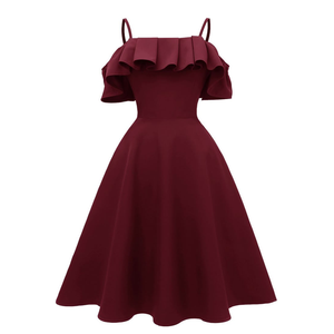 Vestido midi de hombros descubiertos para mujer, morado liso, con volantes, sin mangas, de tela tejida, elegante, acampanado, para fiesta - Product Image 5