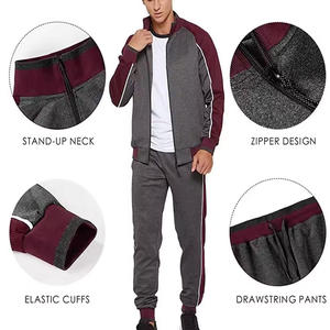 Ensemble sweat-shirt à fermeture éclair et pantalon de jogging gris et bordeaux pour homme, coupe sportive classique, idéal pour l'automne - Product Image 2
