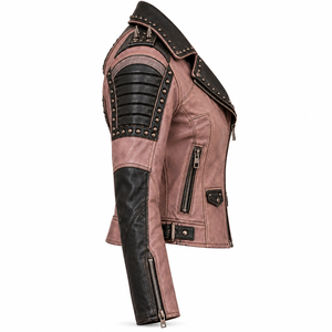 Custom Made Dusty Pink Black Leather Jacket <b>Women</b> Sugar Skull Printed Studded Biker <b>Outerwear</b> OEM ODM Offer Service Provider - Product Image 3