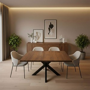 Juego de Mesa de Comedor Moderno de Madera de Mango Sólida, Hecho a Mano, Ecológico, para 4 Personas, Cuadrado, Acabado Miel, Estilo Industrial - Product Image 1