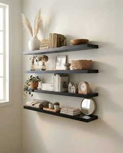 Set 4 Black Floating Wall <b>Shelves</b> Modern Wooden <b>Adjustable</b> Non-Folding Single Tier Flower Pot Holder Living Room Wall Organizer - Product Image 1