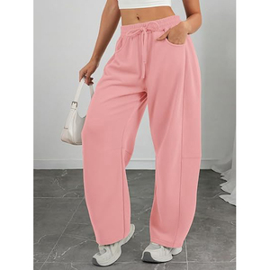 Pantalon de survêtement décontracté pour femme en molleton, taille basse, avec poche plaquée sur le devant, poches latérales, coupe large, cordon de serrage et ourlet ouvert - Product Image 2