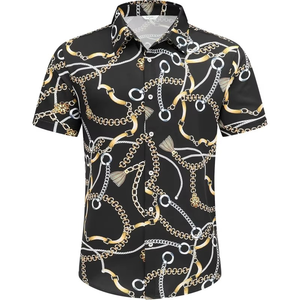 Chemise de plage pour homme, luxe, imprimé chaîne noire et or, style baroque, manches courtes, décontractée, boutonnée, chemise hawaïenne pour homme - Product Image 1