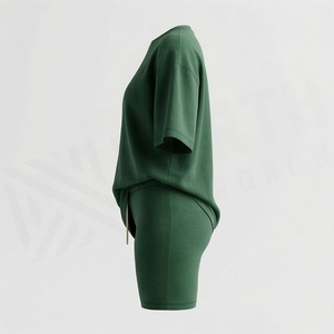 Ensemble décontracté en tricot vert pour femmes, 2 pièces, t-shirt à manches courtes et short au-dessus du genou, coupe ample, couleur unie, vêtements de printemps et d'été - Product Image 3