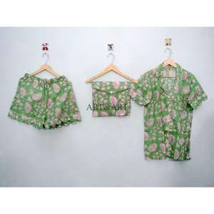 Conjunto de Pijama Corto de Algodón para Mujer, Cómodo, Transpirable, Ligero, con Botones de Encaje, Estampado a Mano Indio, para Verano - Product Image 1