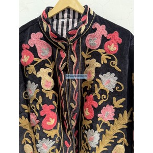 Elegant Velvet Jacket With Hand Embroidered Floral Pattern Mandarin Collar Full Sleeve Winter <b>Coat</b> - Product Image 5