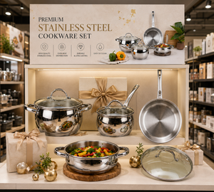 Modern Stainless Steel Cookware <b>Set</b> 7 Pcs Fry Pan Kadai Saucepan Sauce <b>Pot</b> Glass Lid Induction Base Export Supplier - Product Image 6