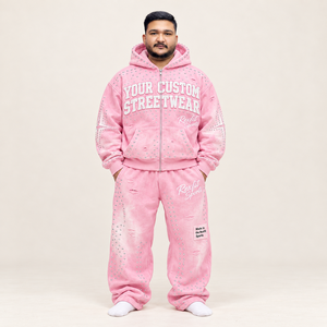 Conjunto Deportivo Estilo Urbano Color Rosa Bebé para Hombre, Sudadera con Cierre y Pantalones Holgados, Ropa de Otoño, Etiqueta Personalizada - Product Image 1