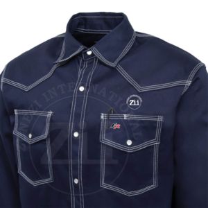 Chemise de travail bleu marine à manches longues avec poches poitrine et surpiqûres contrastées, patch logo ZI, vente en gros, personnalisable, sécurité pour le soudage CAT 2 - Product Image 4