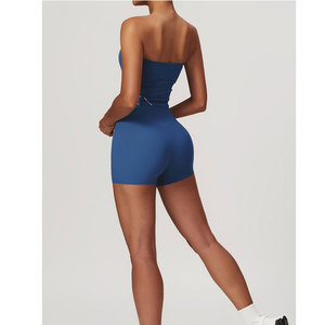Women's Strapless Solid Blue Mid Waist Flared Leg Pants Yoga Set with <b>Crystal</b> Side Stripe Seamless Activewear Workout Outfit - Product Image 6