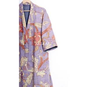 Kimono de Mujer Estilo Kantha, Algodón, Estampado Floral Elegante, Hecho a Mano, Talla Grande, Estilo Boho, Largo hasta la Rodilla, Cuello en V, Cierre con Cordón - Product Image 4