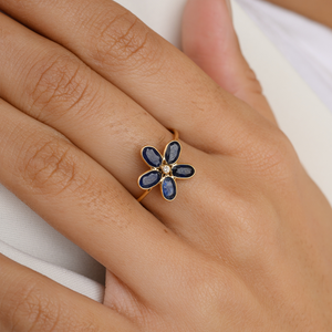 18K Gold Blue Sapphire Floral Ring-Handmade Prong Set Gemstone Wedding Band - Product Image 1