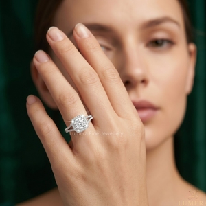 Bague de fiançailles Halo en or blanc 9K 10K 14K 15K pour femme, diamant de laboratoire IGI taille ronde, bijoux à bande fendue - Product Image 5