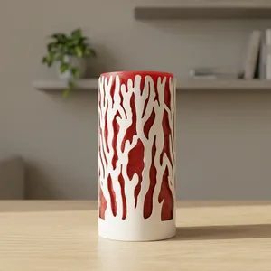 <b>Red</b> Cylinder Wax Votives <b>Candle</b> With White Coral Cutout Design For Home Decoration - Product Image 1