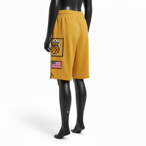Short de basketball en molleton de coton premium 320 GSM jaune moutarde avec patch chenille et badge tissé, logo personnalisé - Product Image 5