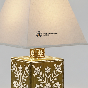 Handmade Brown Floral Bone Inlay <b>Table</b> <b>Lantern</b> with Fabric Shade Decorative Bedside Nightstand <b>Lamp</b> for Living Room Bedroom Deco - Product Image 5