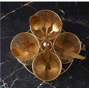 Porte-couverts rotatif à 360° en métal doré, organisateur d'ustensiles à 3 compartiments, support creux sculpté pour la cuisine - Product Image 4