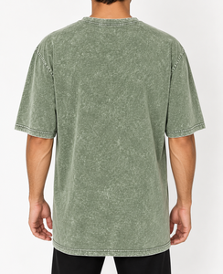 T-shirt en coton surdimensionné pour homme, col rond, manches courtes, vert uni délavé, coupe décontractée en jersey tricoté - Product Image 2