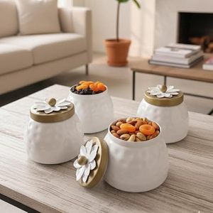 Ensemble de pots de conservation alimentaire ronds blancs à motif floral avec couvercles hermétiques, pour la cuisine, conteneurs scellés faits à la main pour les noix et les collations - Product Image 2