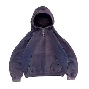 Custom Washed Purple Hoodie Men Oversized Drop Shoulder Button Placket Pullover <b>Vintage</b> Casual Streetwear <b>Sweatshirt</b> - Product Image 1