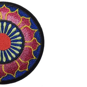 Circular Embroidered <b>Patch</b> With Floral Design Red Center Pink Petals Blue Background Handmade <b>Sew</b>-<b>On</b> Fabric Applique - Product Image 2