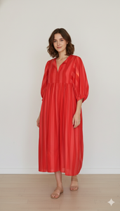 เดรสสั้นผ้าฝ้ายพิมพ์ลายบล็อกสีแดงสำหรับผู้หญิง สไตล์โบโฮ ทรงปกติ เอวธรรมชาติ แขนพอง ใส่สบายๆ สำหรับฤดูร้อน ทรงเอไลน์ - Product Image 2